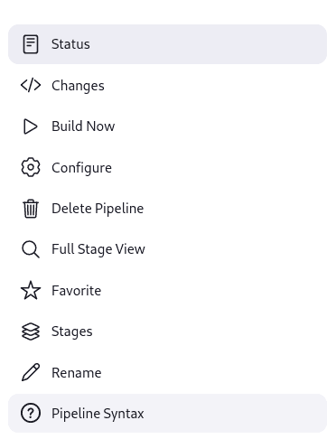 Jenkins Classic UI sidebar for 'example-pipeline', showing options: Status, Changes, Build Now, Configure, Delete Pipeline, Full Stage View, Stages, Rename and Pipeline Syntax.