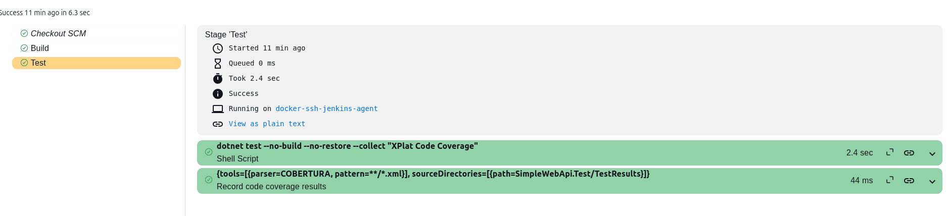 Test stage runs successfully (with output)